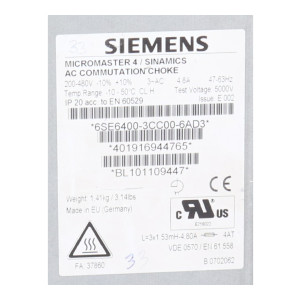 Siemens 6SE6400-3CC00-6AD3 Micromaster 4...